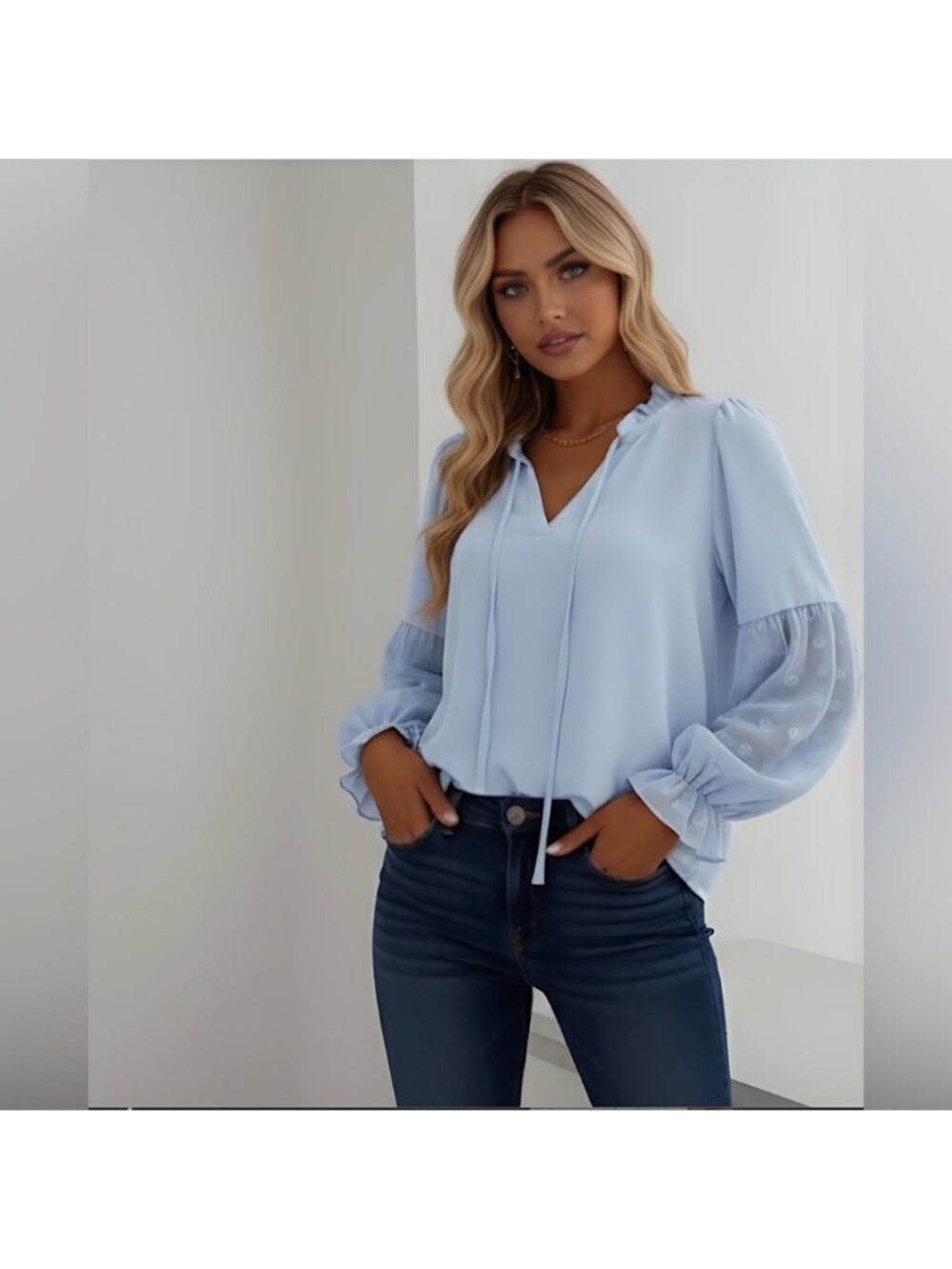 Blue Swiss Dot Frill Trim Blouse